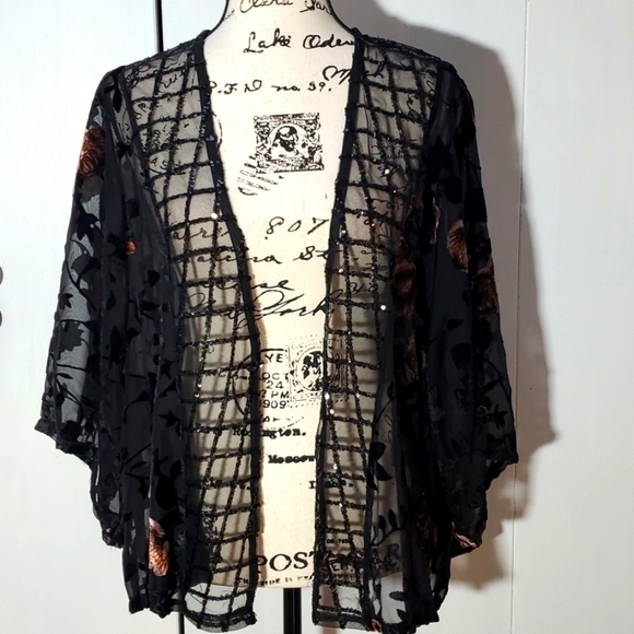 POL- Whimsigoth Black sheer open Cardigan Velvet burnout Floral sequin Sz.M/L - Picture 1 of 10